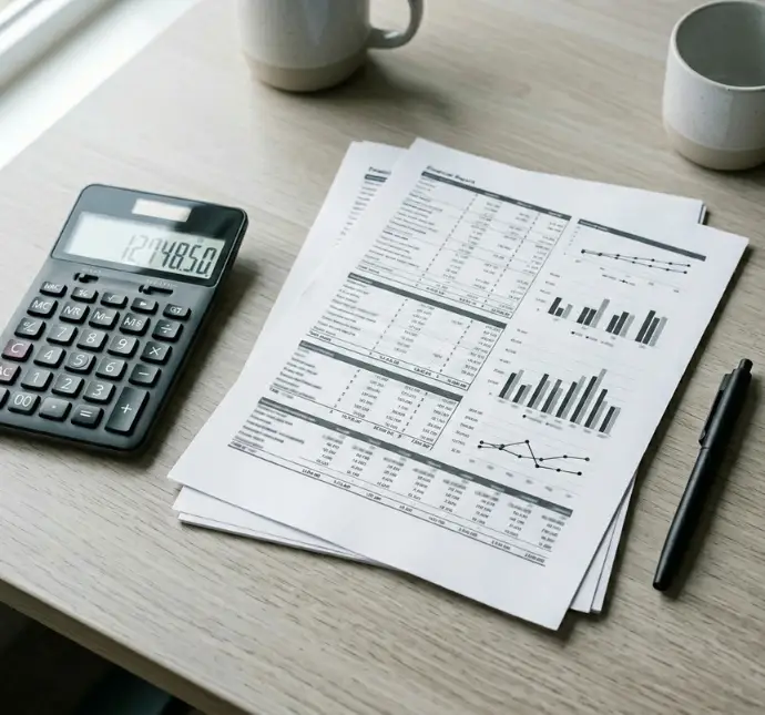 Financial analysis documents and calculator on a desk — divorce settlement review by Divorce Logic LLC